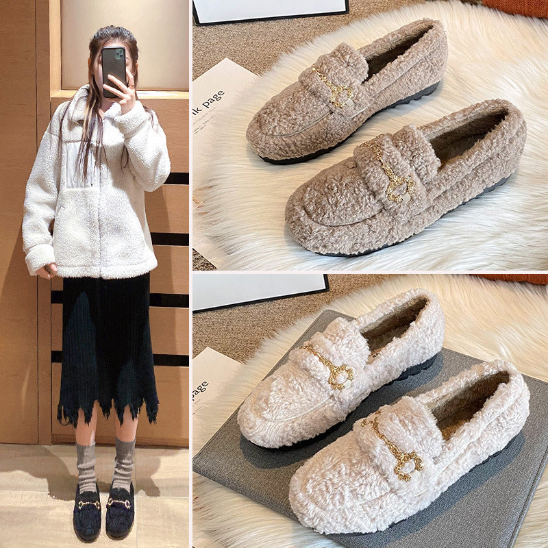 Outer Wear Fleece-lined Lamb Wool Platform Fluffy Shoes Women