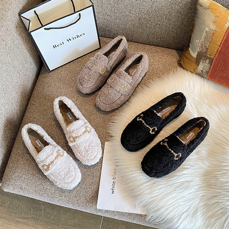 Outer Wear Fleece-lined Lamb Wool Platform Fluffy Shoes Women